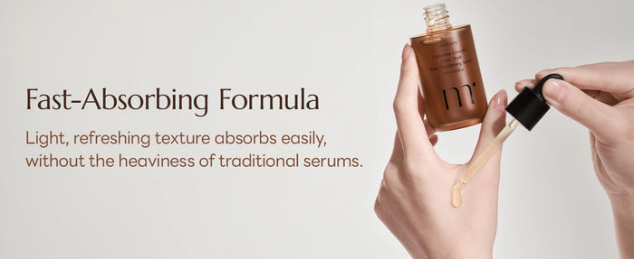 A hand holds a dropper bottle with MOLVANY - CASTANEA CRENATA INNER SHELL PORE TIGHTENING SERUM infused with Korean Yulpi extract. The label reads "Apply Post CIS Essence for Optimal Absorption" and is dedicated to those concerned about pores and skin hydration. Brand: HONG CHEON USA, INC.