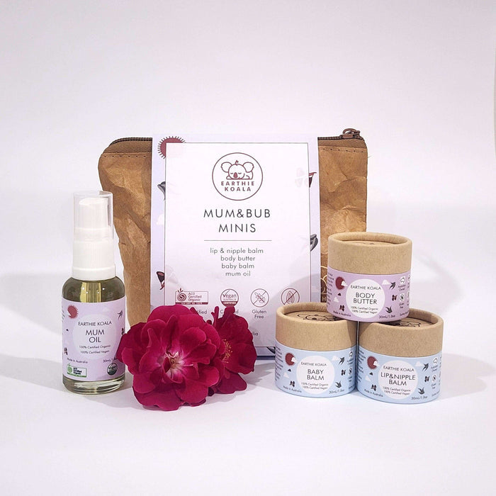 Mum and Bub Minis - Earthie Koala skincare set featuring mum oil, body butters, and balms in a natural pouch.