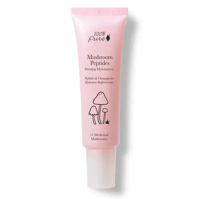 Mushroom Peptide Moisturizer by 100% Pure in a pink tube for radiant skin and hydration.