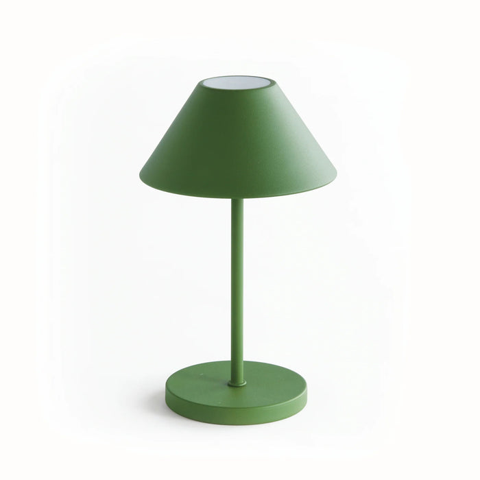 The NAPA HOME AND GARDEN - ALLUNA 10” Cordless LED Lamp in green, a compact and modern luxury table lamp featuring a metal conical shade and a round base, is displayed against a plain white background.