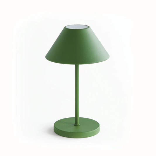 The NAPA HOME AND GARDEN - ALLUNA 10” Cordless LED Lamp in green, a compact and modern luxury table lamp featuring a metal conical shade and a round base, is displayed against a plain white background.