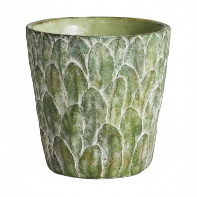 The NAPA HOME AND GARDEN - FELDBURG POT, SMALL features a green ceramic finish with a textured surface that resembles overlapping leaves or scales for an artichoke-like look. The plant pot is shown against a plain white background.