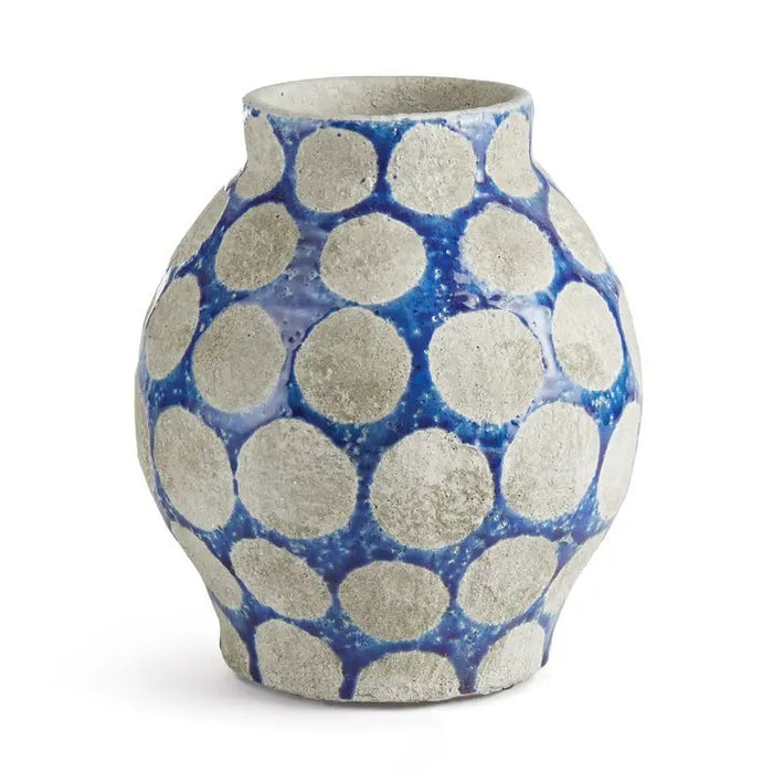 The NAPA HOME AND GARDEN Kiley Vase in Blue, Small, is a round ceramic piece featuring a handcrafted textured surface with bold white polka dots arranged in a stylish pattern.
