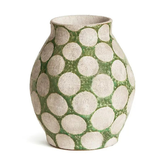 The NAPA HOME AND GARDEN Kiley Vase in Green, Small, features a rounded ceramic shape with a matte, textured finish and bold white polka dots—an eye-catching handcrafted piece inspired by mid-century design.