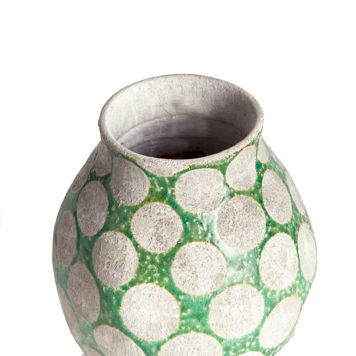 The NAPA HOME AND GARDEN Kiley Vase in Green, Small, features a rounded ceramic shape with a matte, textured finish and bold white polka dots—an eye-catching handcrafted piece inspired by mid-century design.