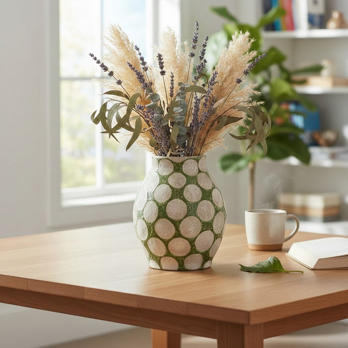 The NAPA HOME AND GARDEN Kiley Vase in Green, Small, features a rounded ceramic shape with a matte, textured finish and bold white polka dots—an eye-catching handcrafted piece inspired by mid-century design.