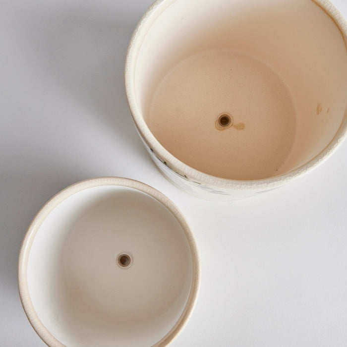 Two NAPA HOME AND GARDEN Maren Pots in white ceramic with an embossed leaf pattern sit on a wooden table, one with a leafy plant. Nearby are two stacked books and a partially visible empty green cachepot.