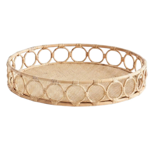 The NAPA HOME AND GARDEN Ninette Round Rattan Tray, Large, features a woven base and open circular sides—an ideal boho accent for lovers of natural rattan decor.