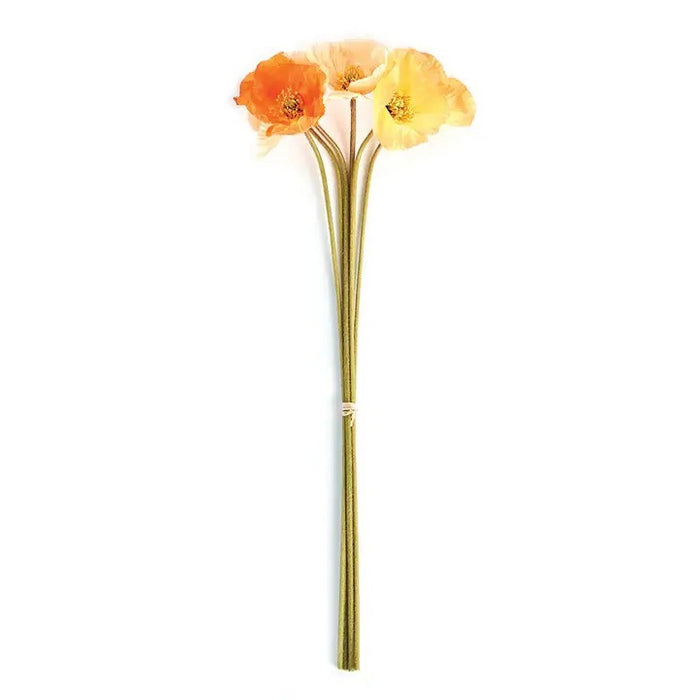 The NAPA HOME AND GARDEN - ORANGE POPPY STEMS feature three lifelike orange and yellow poppy flowers with realistic stems, tied together—ideal artificial blooms from NAPA HOME AND GARDEN to enhance your elegant home decor.