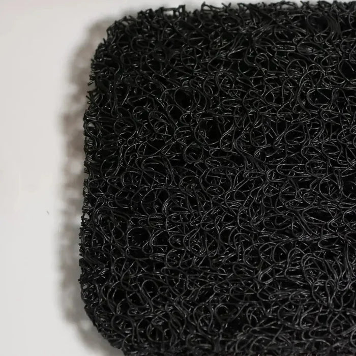 Close-up of a textured black mat on a light gray background