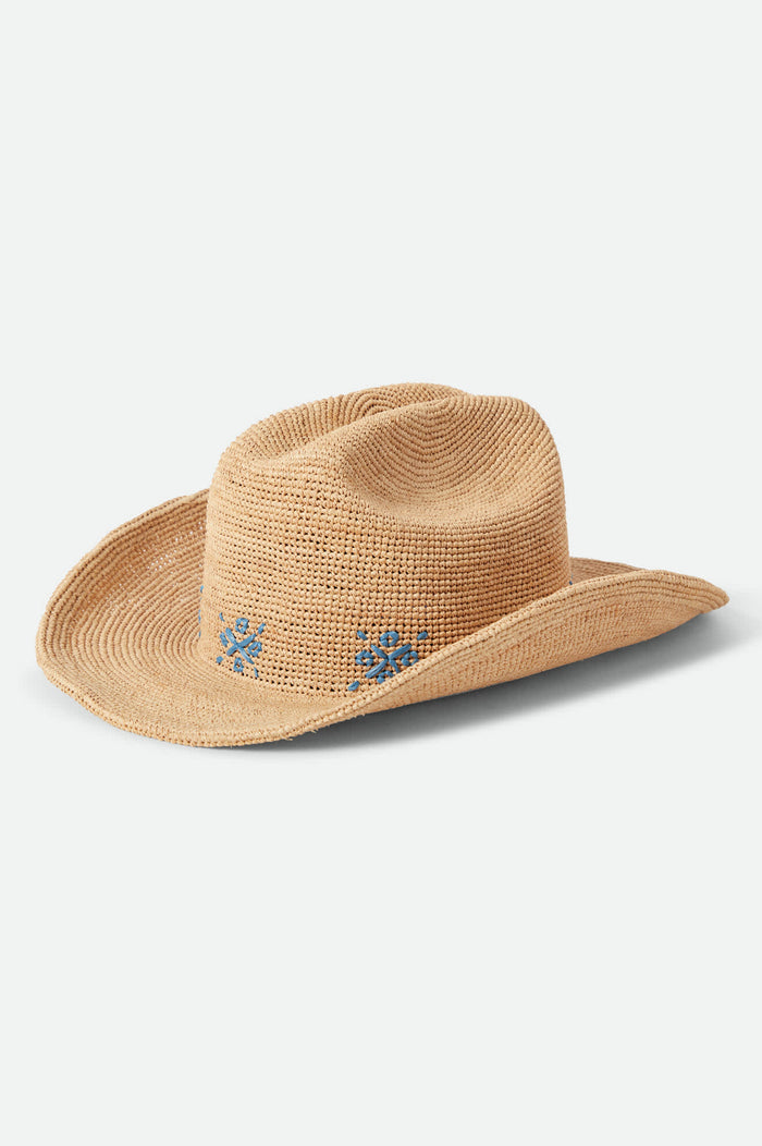 Women's Odessa Straw Packable Cowboy Hat in the color Tan/Sunrise Blue - Front Product View