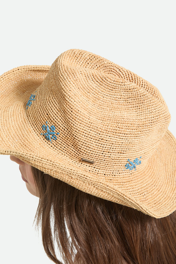 Women's Odessa Straw Packable Cowboy Hat in the color Tan/Sunrise Blue - Additional Fit image