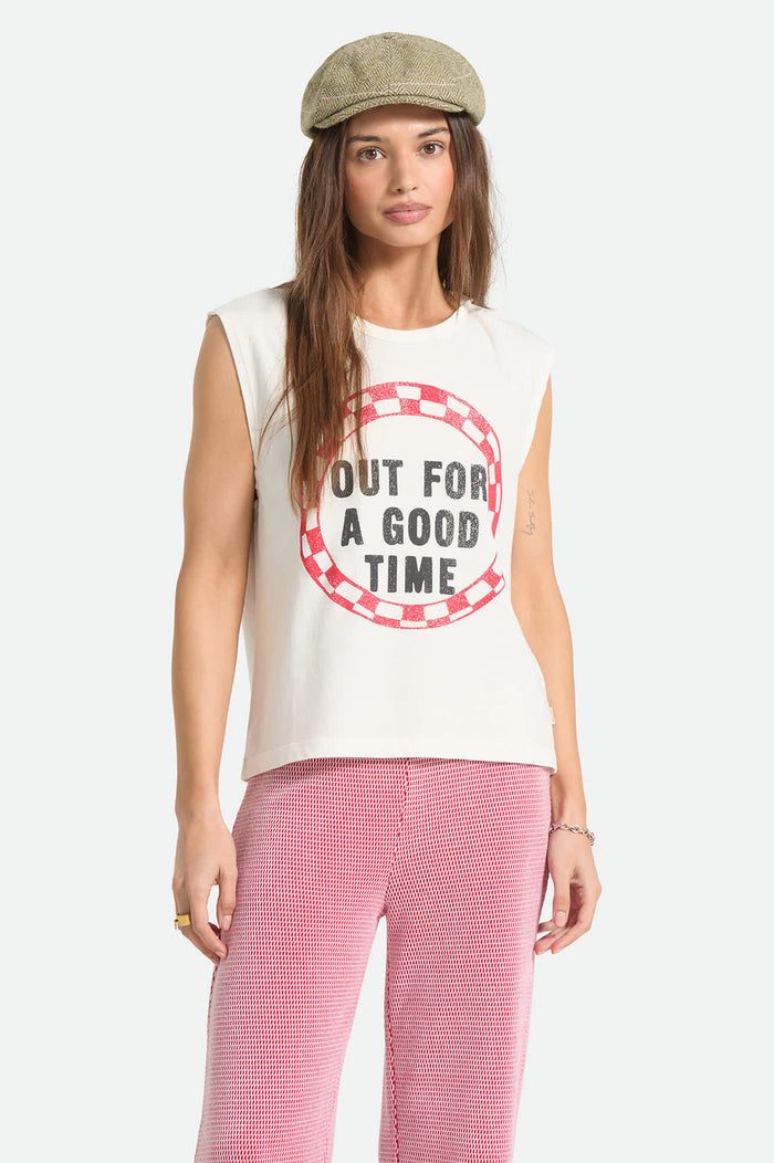 Women's Out For A Good Time Muscle Tank in the color Off White - Women's Front View