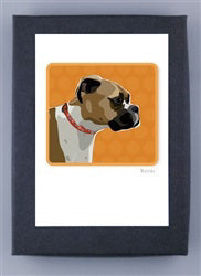 PAPER RUSSELLS - BOXER NOTE CARDS by PAPER RUSSELLS feature a digital illustration of a brown and white dog with red collar in profile on orange, framed by black mat, printed on recycled paper. Made in USA.