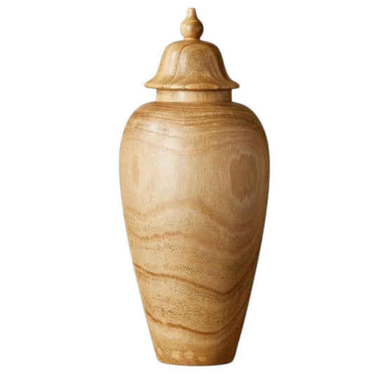 The PAULOWNIA WOOD COVERED TEMPLE JAR - SMALL by TWO'S COMPANY features a light brown paulownia wood construction with a rounded body, subtly narrow base, and a decorative lid. Its visible wood grain offers a natural and smooth look, making it an exotic accent piece for the home. The jar is shown standing upright against a white background.