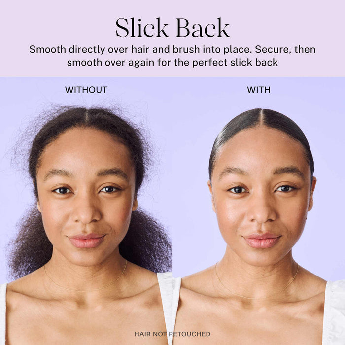 Before and after comparison of a woman's hair styled with a product on a purple background.