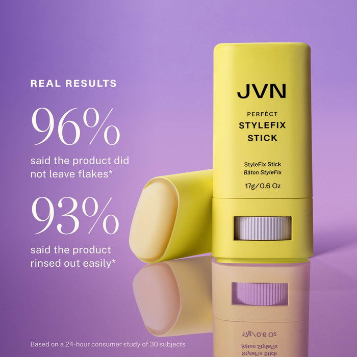 JVN StyleFix Stick on a purple background with text about product performance.