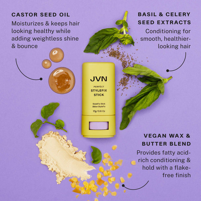 JVN styling stick with basil and celery seed extracts on a purple background. Plus Castor seed oil and vegan wax and butter blend