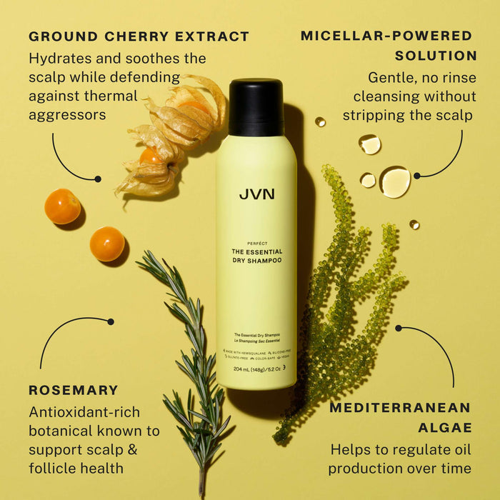 Dry shampoo bottle with botanicals and text on a yellow background