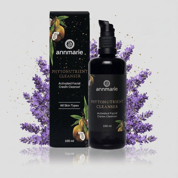 Annmarie Phytonutrient Cleanser bottle and packaging with lavender flowers on a light gray background