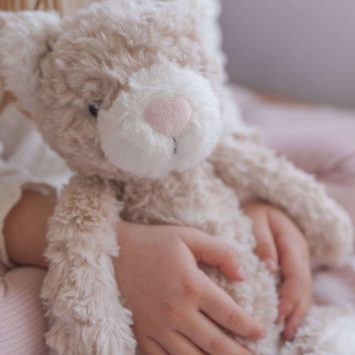 Child holding a soft teddy bear with a blurred background