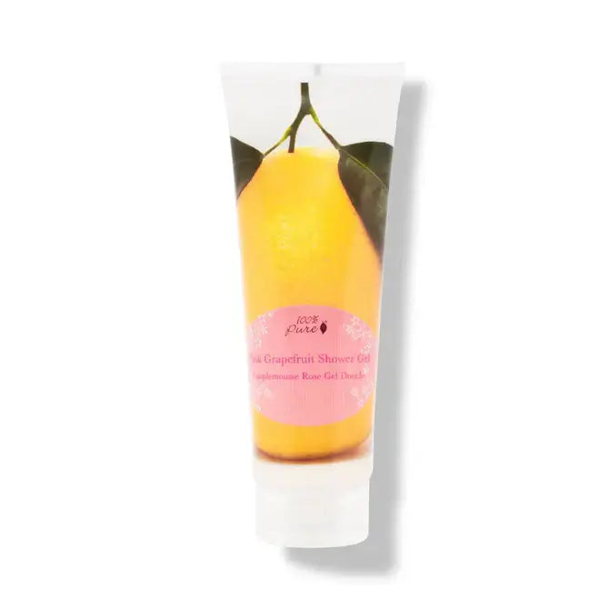 Pink Grapefruit Shower Gel tube with fruit illustration and 100% Pure label for rich hydration.