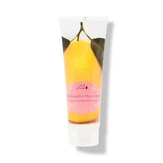Pink Grapefruit Shower Gel tube with fruit illustration and 100% Pure label for rich hydration.
