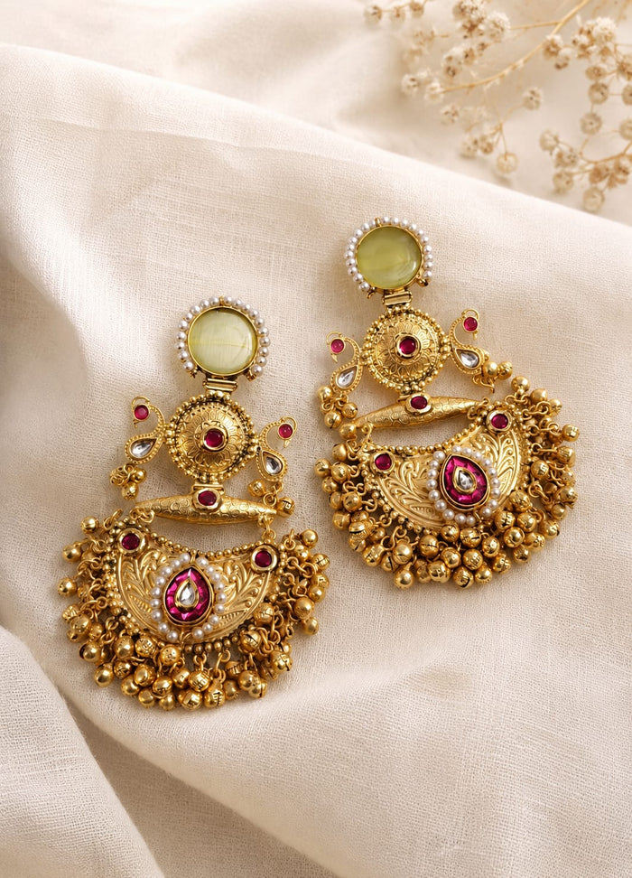 Premium Brass Kashmiri Chandbali Earrings with Ruby Stone & Pearl Detailing | Traditional Ethnic Earrings for Women