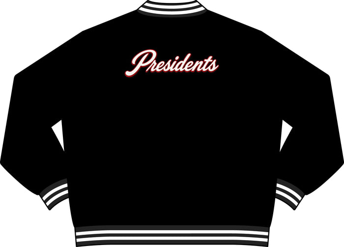 Presidents Embroidered Varsity Jacket — Black Bomber Jacket with Script Back