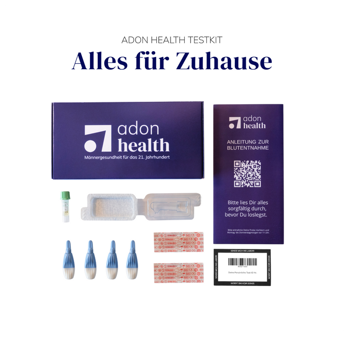 Komplettes Testosteron-Heimtest-Kit von Adon Health mit Lanzetten, Anleitung, Rücksendeetikett und Zubehör zur Blutentnahme