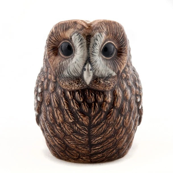 The QUAIL CERAMICS - TAWNY OWL JUG, LARGE by QUAIL DESIGNS is a hand-painted stoneware piece featuring detailed feather markings and large black eyes; this carefully crafted ceramic owl faces forward against a plain white background.