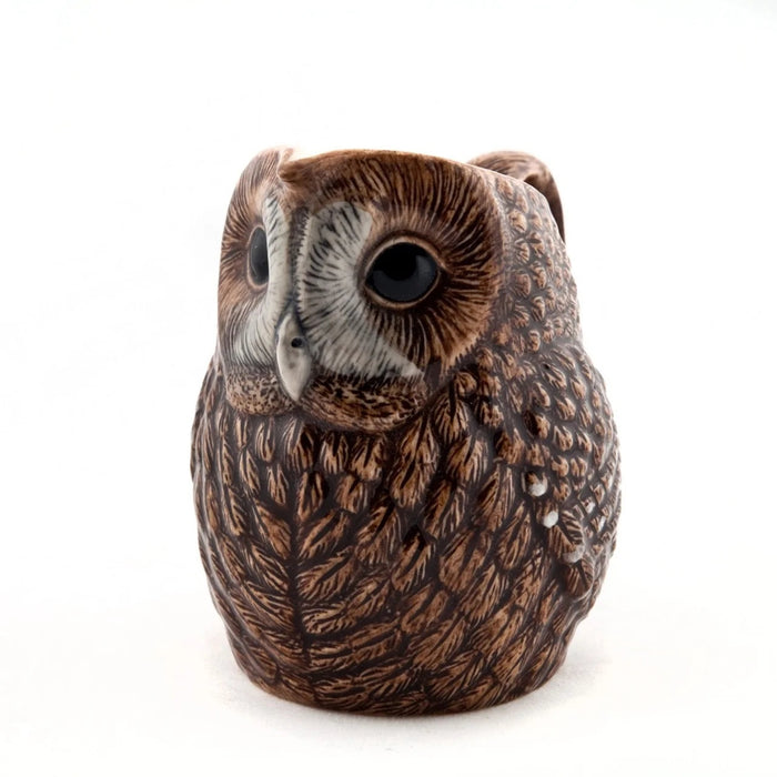 The QUAIL CERAMICS - TAWNY OWL JUG, LARGE by QUAIL DESIGNS is a hand-painted stoneware piece featuring detailed feather markings and large black eyes; this carefully crafted ceramic owl faces forward against a plain white background.