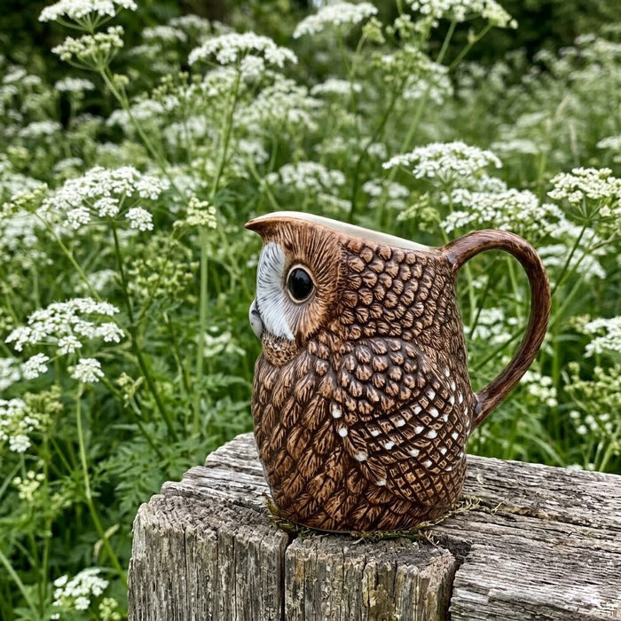 The QUAIL CERAMICS - TAWNY OWL JUG, LARGE by QUAIL DESIGNS is a hand-painted stoneware piece featuring detailed feather markings and large black eyes; this carefully crafted ceramic owl faces forward against a plain white background.