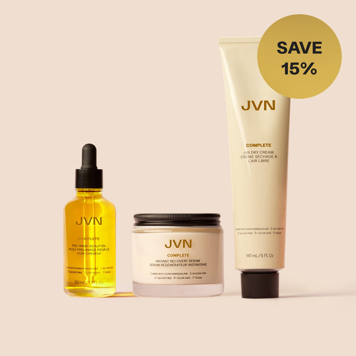 JVN skincare products including a bottle, jar, and tube on a beige background with a discount label.
