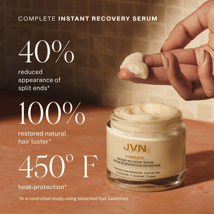 Hair serum product with packaging and hand applying it, text highlighting benefits.