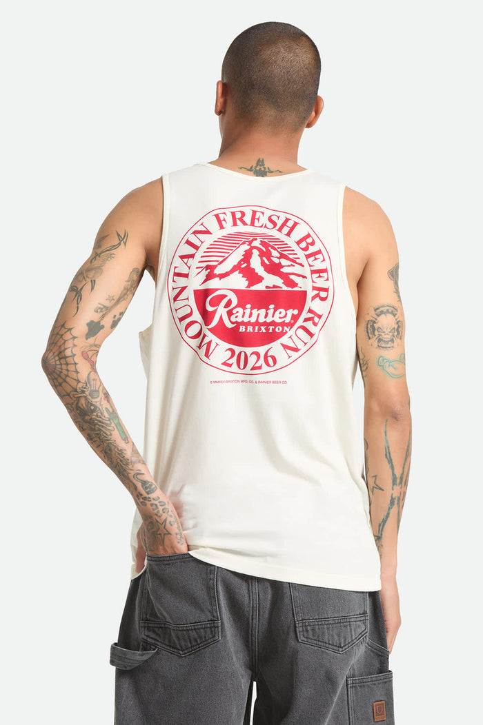 Men's Rainier Beer Run Tank in the color Natural - Men's Back View