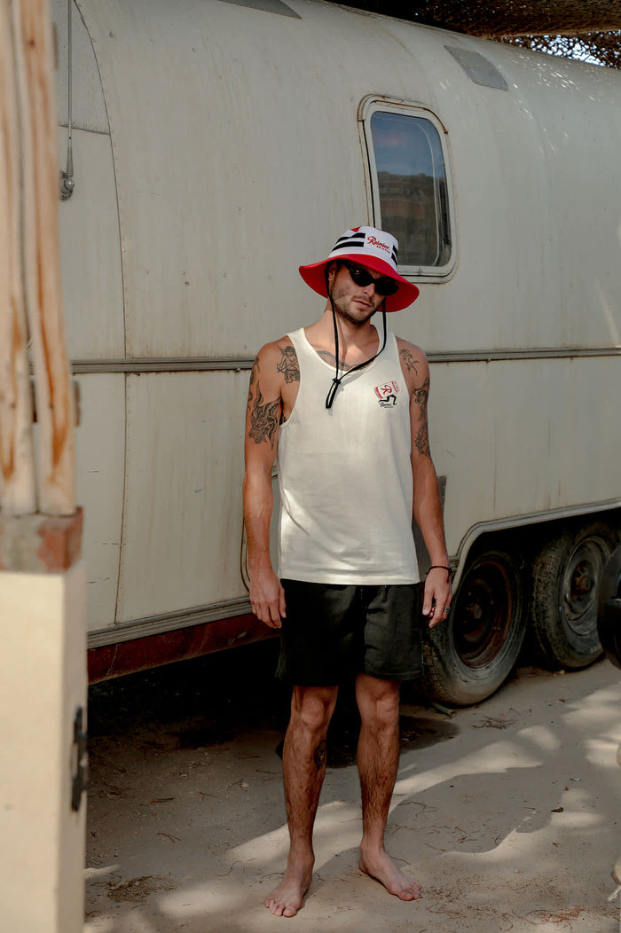 Men's Rainier Beer Run Tank in the color Natural - Men's Lifestyle image