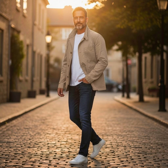 A person wears the RELWEN Flyweight Flex Blazer in British Khaki over a blue and white checkered shirt with green pants, standing hands-in-pockets against a white background. Face not visible.