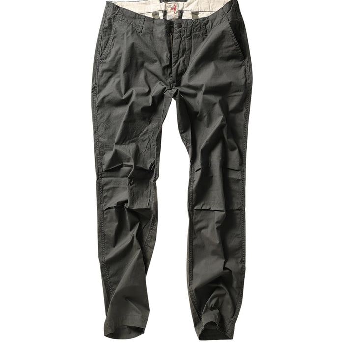 The RELWEN Flyweight Flex Chino in Charcoal, shown from the back with two buttoned pockets and subtle wrinkling, features a slim, straight-leg fit and lightweight stretch fabric for comfort. Pants are displayed flat on a white background.