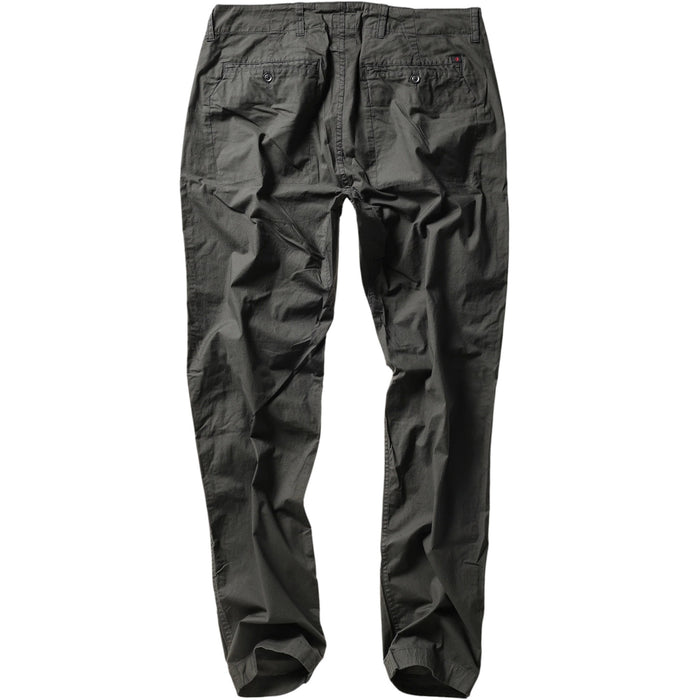 The RELWEN Flyweight Flex Chino in Charcoal, shown from the back with two buttoned pockets and subtle wrinkling, features a slim, straight-leg fit and lightweight stretch fabric for comfort. Pants are displayed flat on a white background.