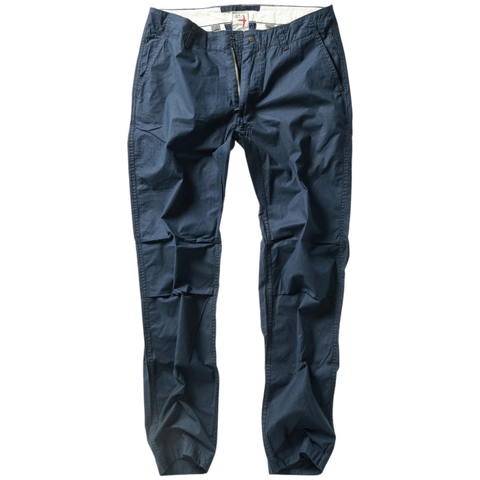 RELWEN - Flyweight Flex Chino in Dark Navy: A lightweight pair of chinos with two back pockets, button closures, and visible stitching, shown laid flat on a white background.