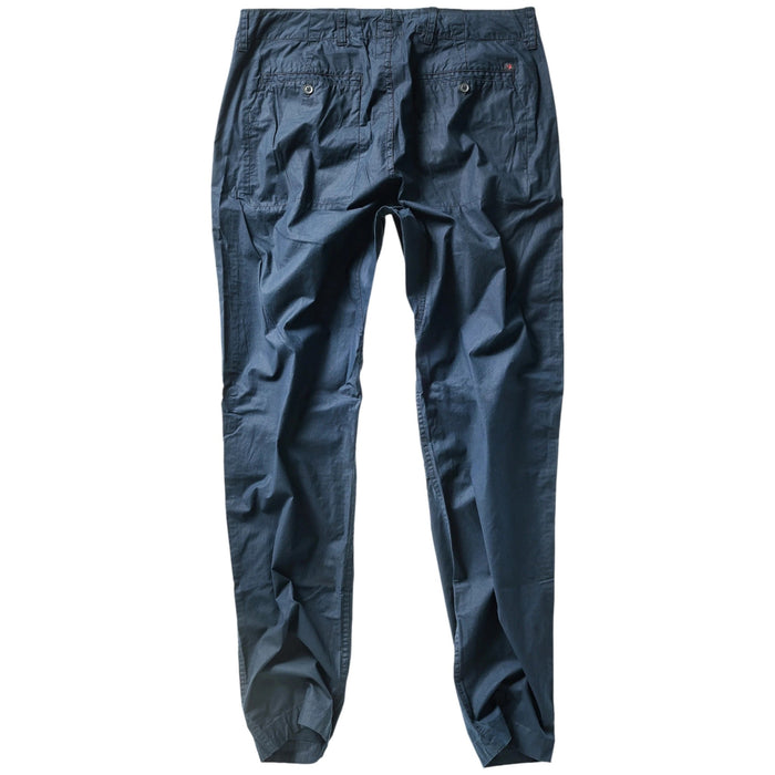 RELWEN - Flyweight Flex Chino in Dark Navy: A lightweight pair of chinos with two back pockets, button closures, and visible stitching, shown laid flat on a white background.