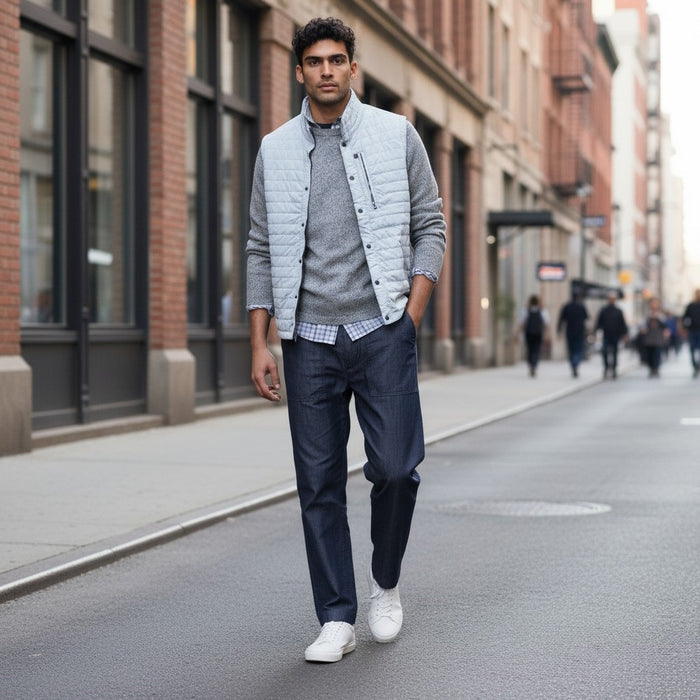 A person models the RELWEN - WINDZIP VEST IN GHOST GRAY over a gray sweater, plaid shirt, and dark blue jeans, standing with one hand in their pocket against a white background for extra layered warmth.