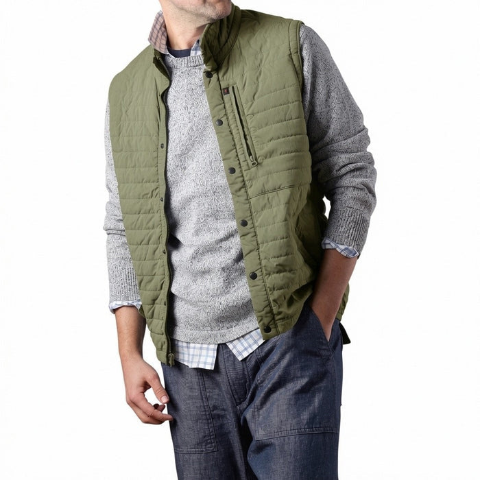 The RELWEN Windzip Vest in Olive is a quilted utility vest with green and blue trim, snap button closures, armholes, and an inner pocket—ideal for layered warmth. Shown open and laid flat.