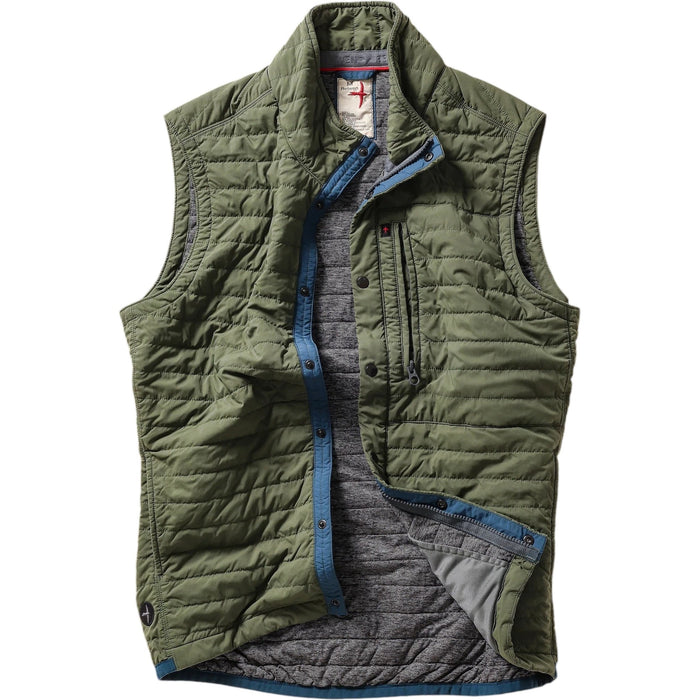The RELWEN Windzip Vest in Olive is a quilted utility vest with green and blue trim, snap button closures, armholes, and an inner pocket—ideal for layered warmth. Shown open and laid flat.