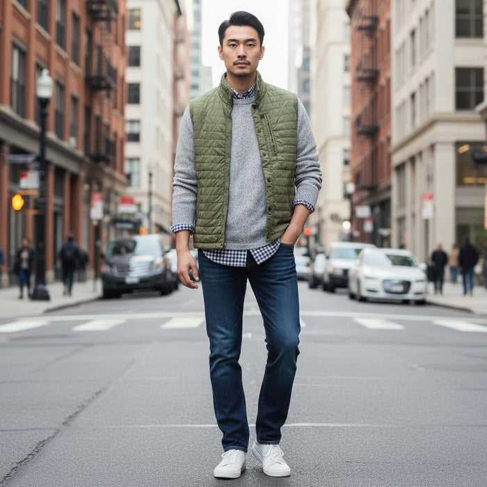 The RELWEN Windzip Vest in Olive is a quilted utility vest with green and blue trim, snap button closures, armholes, and an inner pocket—ideal for layered warmth. Shown open and laid flat.