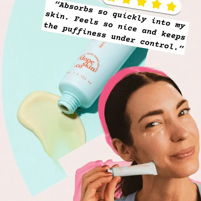 Woman applying skincare product with text overlay on a colorful background