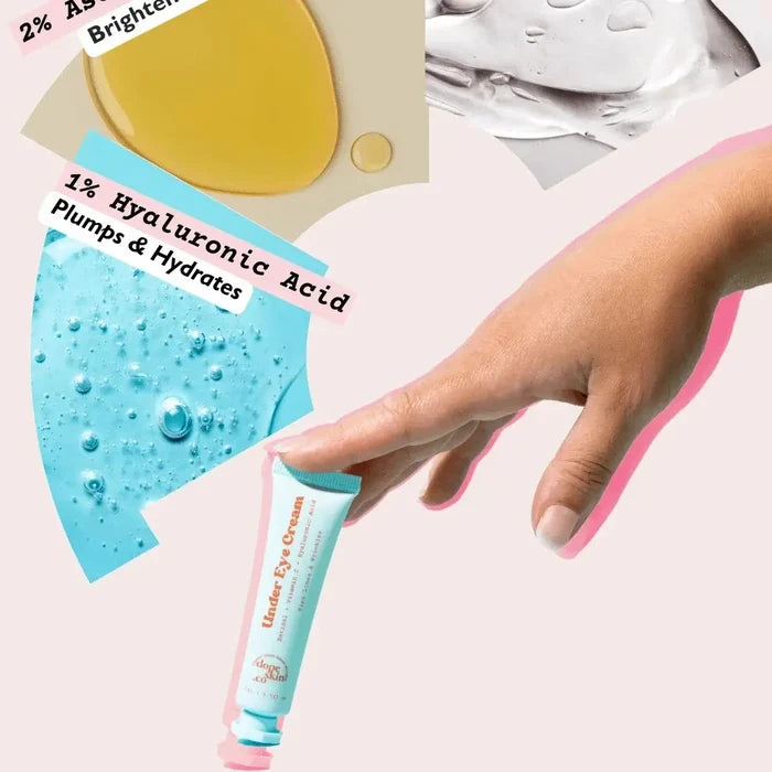 Hand holding a tube of cream with skincare products and text about hyaluronic acid on a pink background.