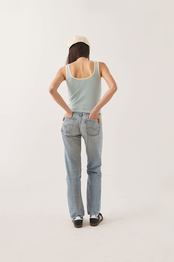 Women's Ringer Organic A-Tank in the color Sea Grass/Waxed Paper - Women's Back View