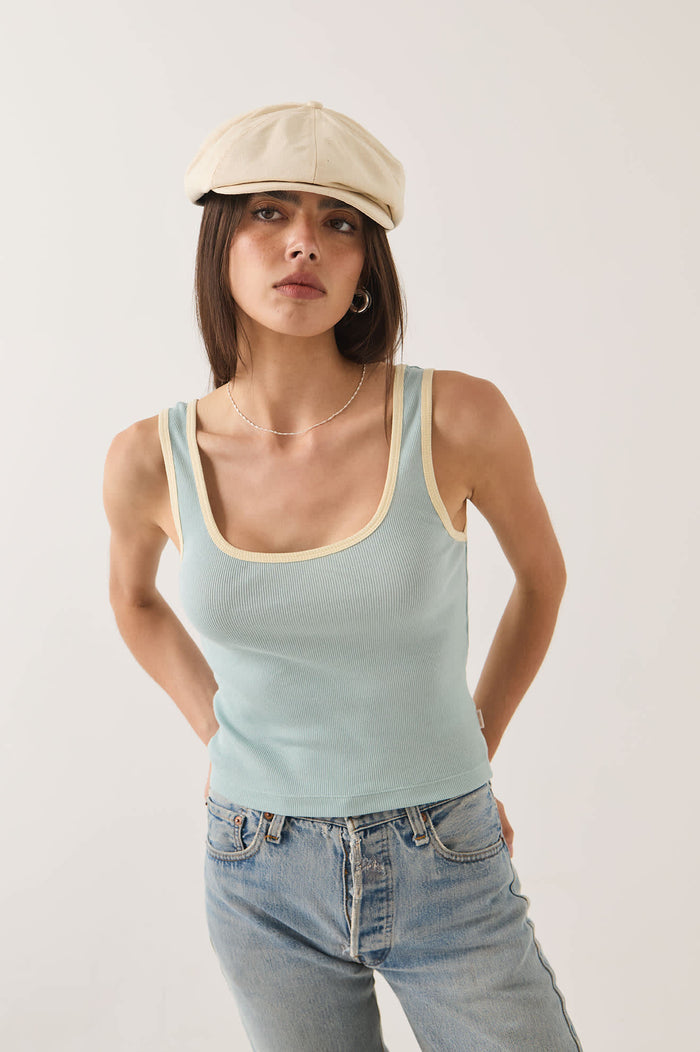Women's Ringer Organic A-Tank in the color Sea Grass/Waxed Paper - Additional Fit image